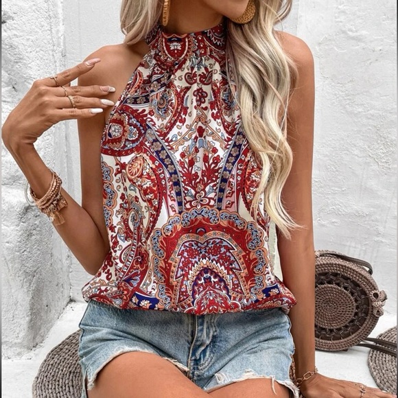 Boho paisley floral print keyhole back halter top - Picture 1 of 6
